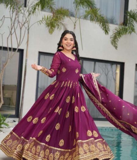 Women’s Ethnic Anarkali Style Floor-Length Gown in Magenta with Golden Zari Embroidery – Festive & Wedding Wear