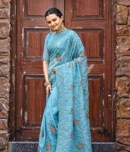 Women's Elegant Sage Green Georgette Saree with Delicate Floral Embroidery & Sequin Work – Perfect for Summer Festivities & Day Events