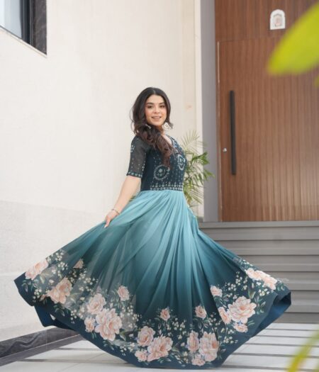 Women's Elegant Teal & Aqua Ombre Gown with Floral Printed Flair & Embellished Bodice – Perfect for Summer Festivities & Parties