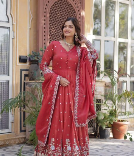 Women's Festive Rust Red Anarkali Gown with Intricate Silver Zari & Sequin Embroidery – Complete with Embroidered Dupatta