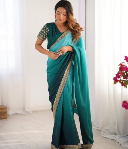 Women's Elegant Ombre Green Georgette Saree with Intricate Golden Zari & Stone Embellishments – Complete with Heavily Worked Blouse for Festive & Wedding Wear