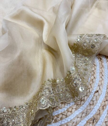 Luxurious Ivory Organza Dupatta with Heavy Golden Sequin & Zari Cutwork Border – Perfect for Weddings & Festive Layering