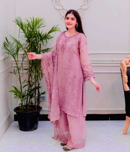 Women's Faux Georgette Embroidery work Straight Kurti With Pant and Dupatta Set