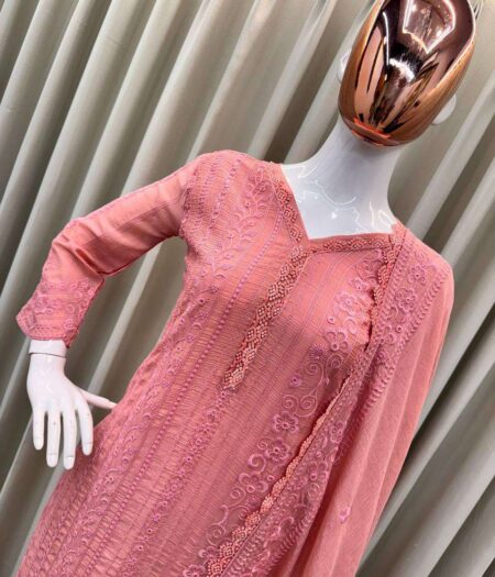 Women's Chinon Silk with Cotton Thread Embroidery Straight Kurti With Pant and Dupatta set