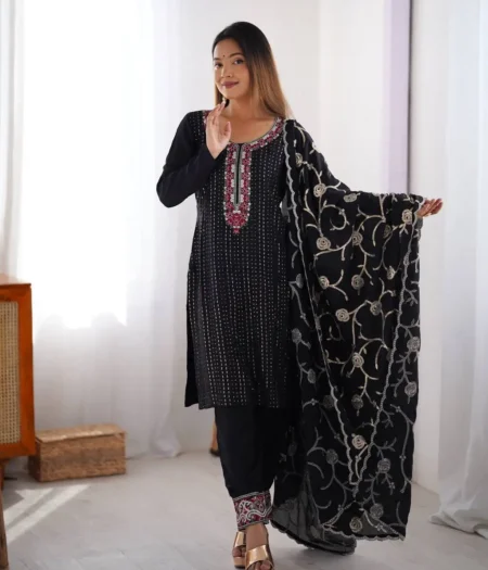 Women's Chinon Silk Sequence And Thread Work Straight Kurti With Pant and Dupatta Set