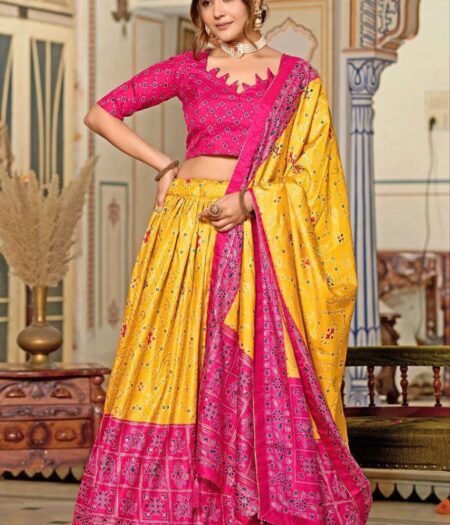 Women's Tussar Silk Patola Print Lehenga Choli Dupatta Set