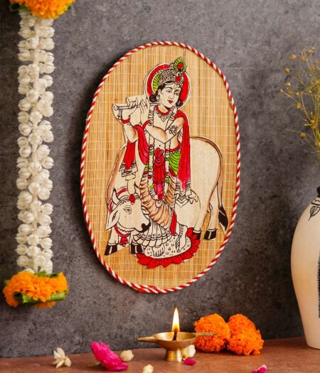Oval Shaped Design Bamboo Hand Crafted Wall Hangings Of Krishna Ji With Holy Cow For Home Decor | Bamboo Art For Wall Decor