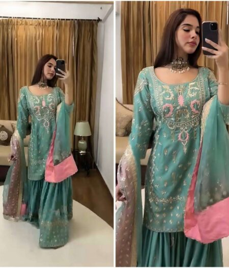 Women's Chinon Silk Heavy Embroidery Straight Kurta With Sharara and Dupatta set