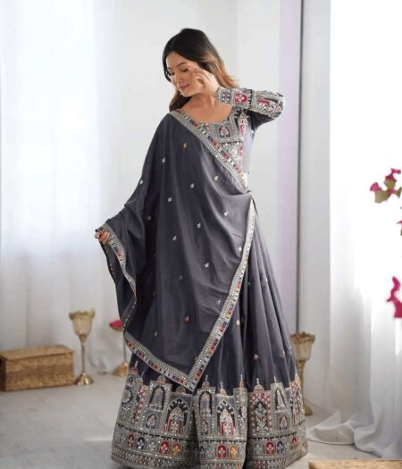 Women's Crepe Silk Sequence Embroidery and Zari Work Rajsthani Lehenga Choli with Dupatta