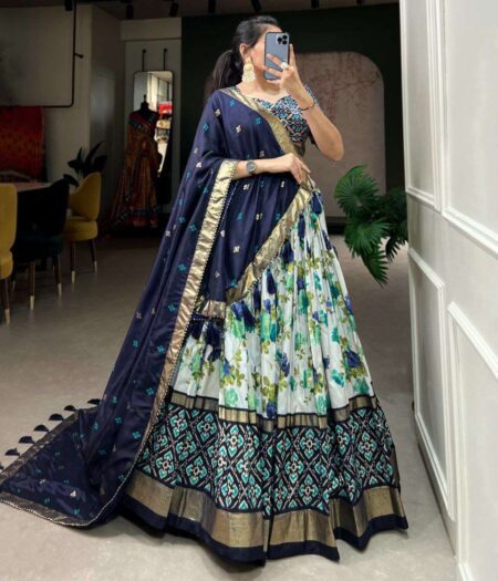 Women's Luxurious Tussar Silk Lehenga Choli with Intricate Prints & Can-Can Flair